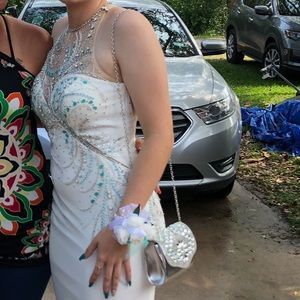 white and turquoise prom dress